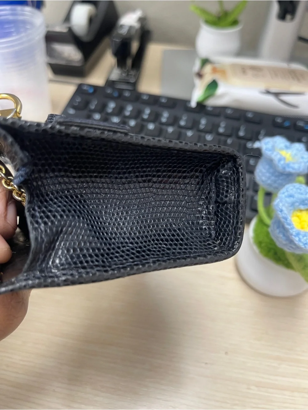 Salvatore Ferragamo Navy Vara Bow Leather Gold Accent Coin Purse w/Key Attchment